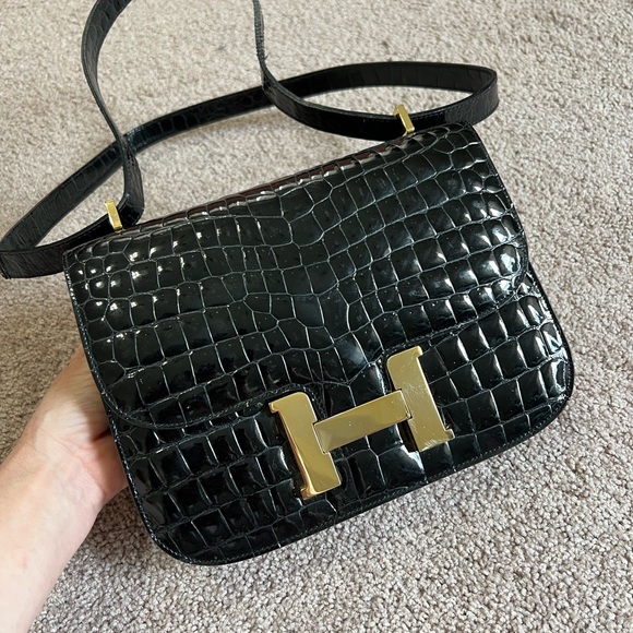 Vintage Umberto H Gold Black Patent Croc Leather Crossbody Shoulder Constance - Picture 4 of 11